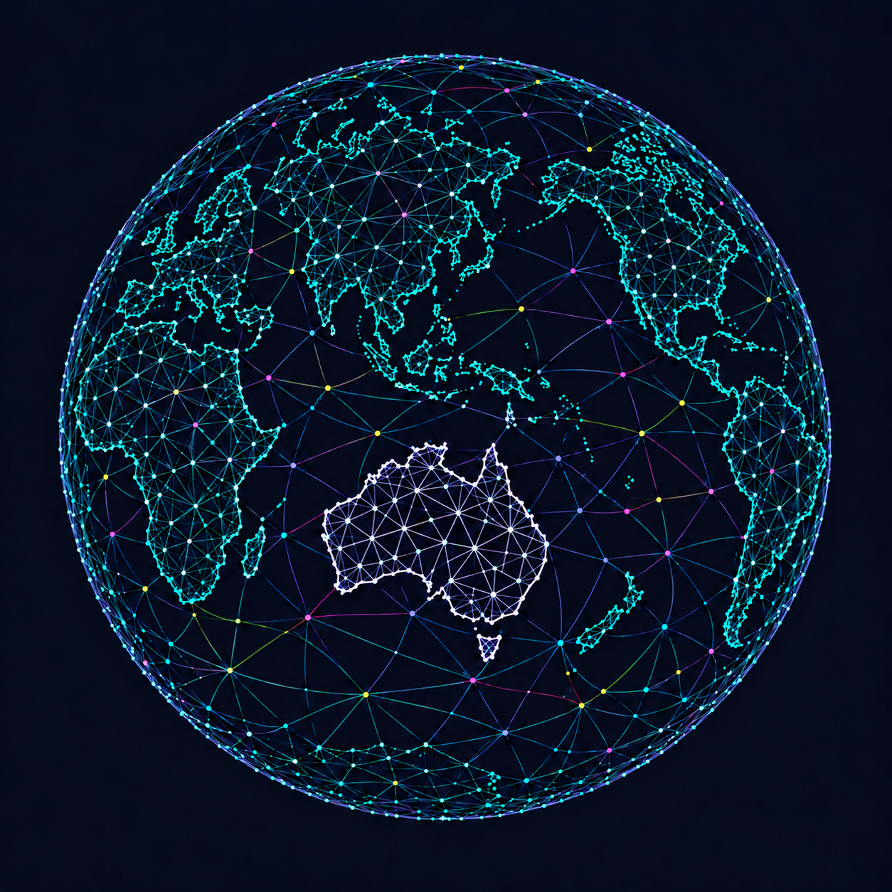 A custom network globe centred on Australia, with Europe and Africa to the left, Asia above, and the Americas to the right